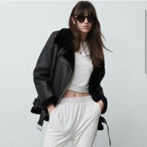Zara | faux fur double faced biker jacket black XS